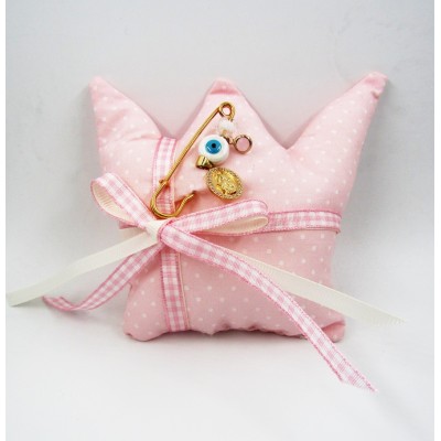 Ενθύμιο γέννησης με ατσάλινη καρφίτσα πουά ροζ κορώνα