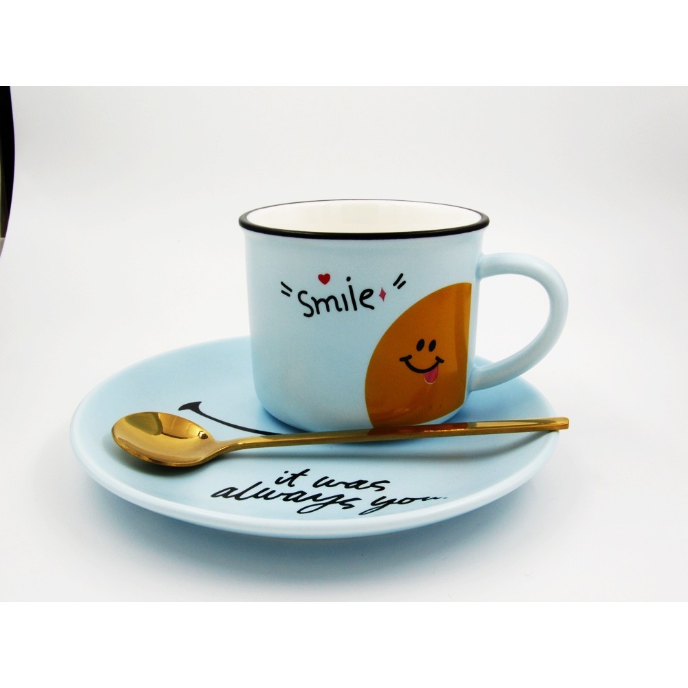 Κούπα smile μπλέ με πιατέκι και κουταλάκι Είδη Δώρων