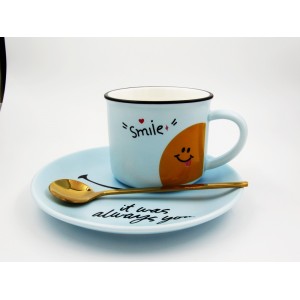 Κούπα smile μπλέ με πιατέκι και κουταλάκι Είδη Δώρων
